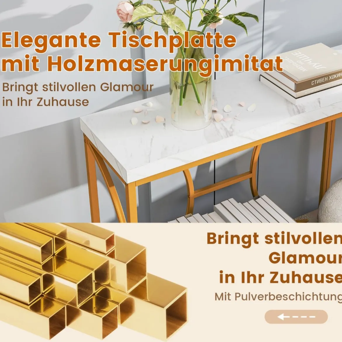180cm Konsolentisch Eingangstisch schmal Marmor Optik Sofatisch mit geometrischem Metallrahmen