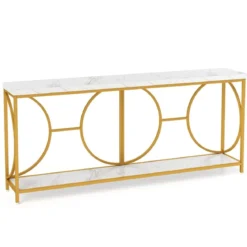 180cm Konsolentisch Eingangstisch schmal Marmor Optik Sofatisch mit geometrischem Metallrahmen
