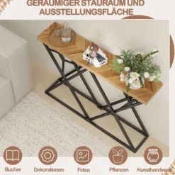 140 cm Konsolentisch Landhaus-Eingangstisch mit geometrischer Metallbasis industrieller Akzenttisch Holzfarbe