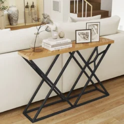 140 cm Konsolentisch Landhaus-Eingangstisch mit geometrischer Metallbasis industrieller Akzenttisch Holzfarbe