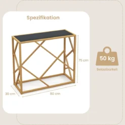 80 cm Konsolentisch mit Gehärteter Glasplatte & Goldfarbenem Rahmen Sofatisch Schwarz
