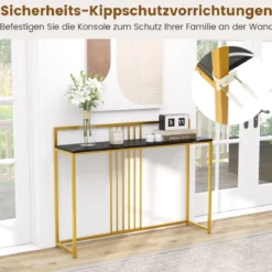 120 cm Konsolentisch mit Marmoroptik & Goldfarbenem Metallgestell Moderner Flurtisch Schwarz