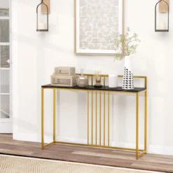 120 cm Konsolentisch mit Marmoroptik & Goldfarbenem Metallgestell Moderner Flurtisch Schwarz