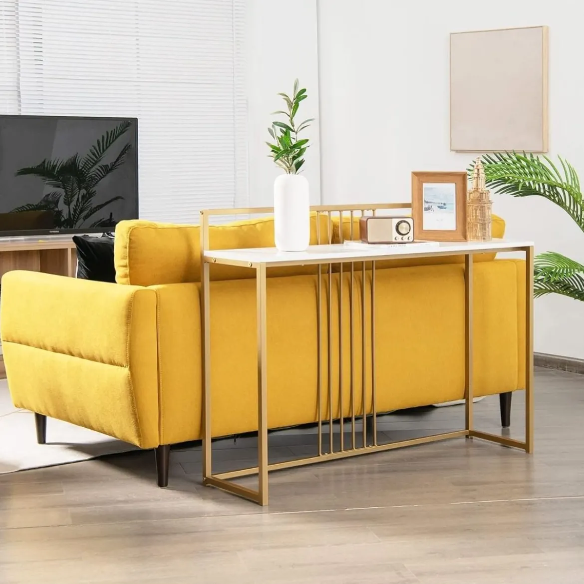 120 cm Konsolentisch mit Marmoroptik & Goldfarbenem Metallgestell Moderner Flurtisch Weiß
