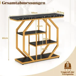 100 cm Konsolentisch 4-stufiger moderner Eingangstisch mit Ablageflächen & Kunstmarmortischplatte Schwarz