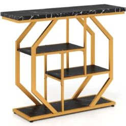 100 cm Konsolentisch 4-stufiger moderner Eingangstisch mit Ablageflächen & Kunstmarmortischplatte Schwarz