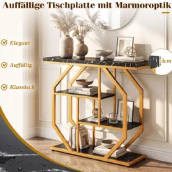100 cm Konsolentisch 4-stufiger moderner Eingangstisch mit Ablageflächen & Kunstmarmortischplatte Schwarz
