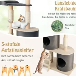 161 cm Kratzbaum aus Holz mit 2 Höhlen & Plüschsitzstange & Plattform Grau