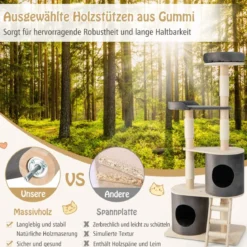161 cm Kratzbaum aus Holz mit 2 Höhlen & Plüschsitzstange & Plattform Grau
