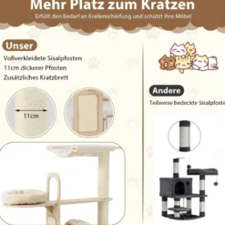 139 cm Kratzbaum aus Holz mit Höhle & Hängematte & Sisalpfosten & Kissen