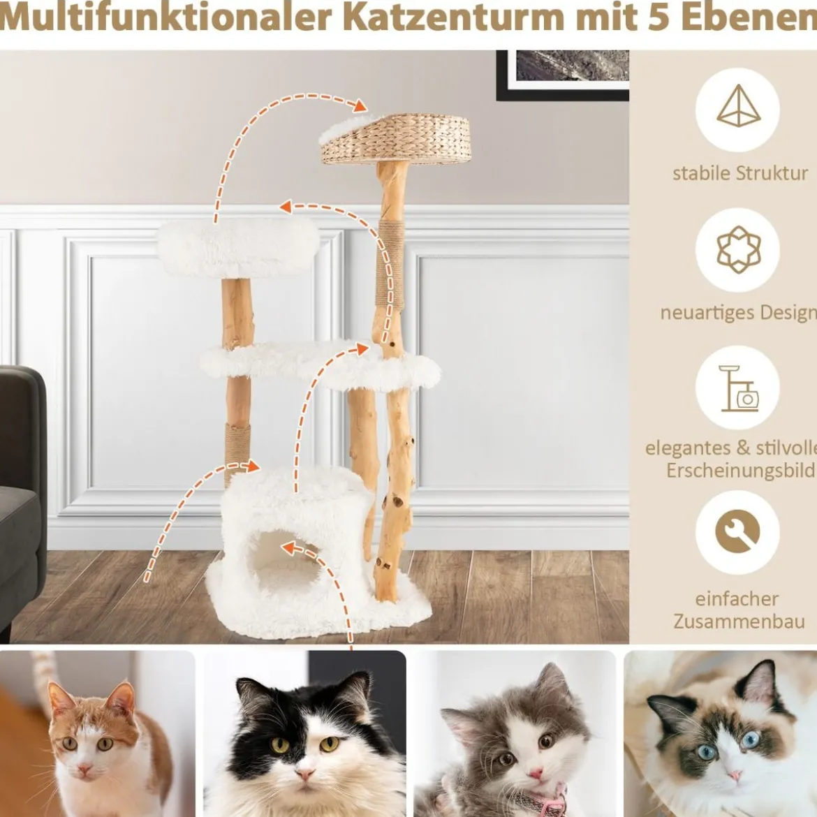 124 cm Kratzbaum aus Holz mit Katzenhöhle & Plüschsitzfläche & Sitzplattform Kratzpfosten aus Jute