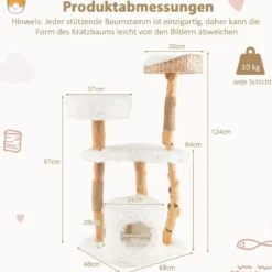 124 cm Kratzbaum aus Holz mit Katzenhöhle & Plüschsitzfläche & Sitzplattform Kratzpfosten aus Jute