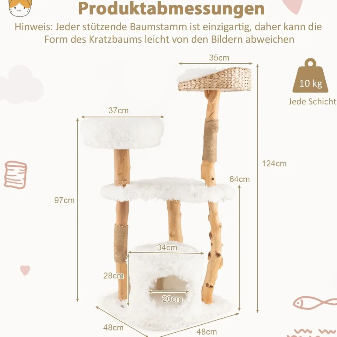 124 cm Kratzbaum aus Holz mit Katzenhöhle & Plüschsitzfläche & Sitzplattform Kratzpfosten aus Jute