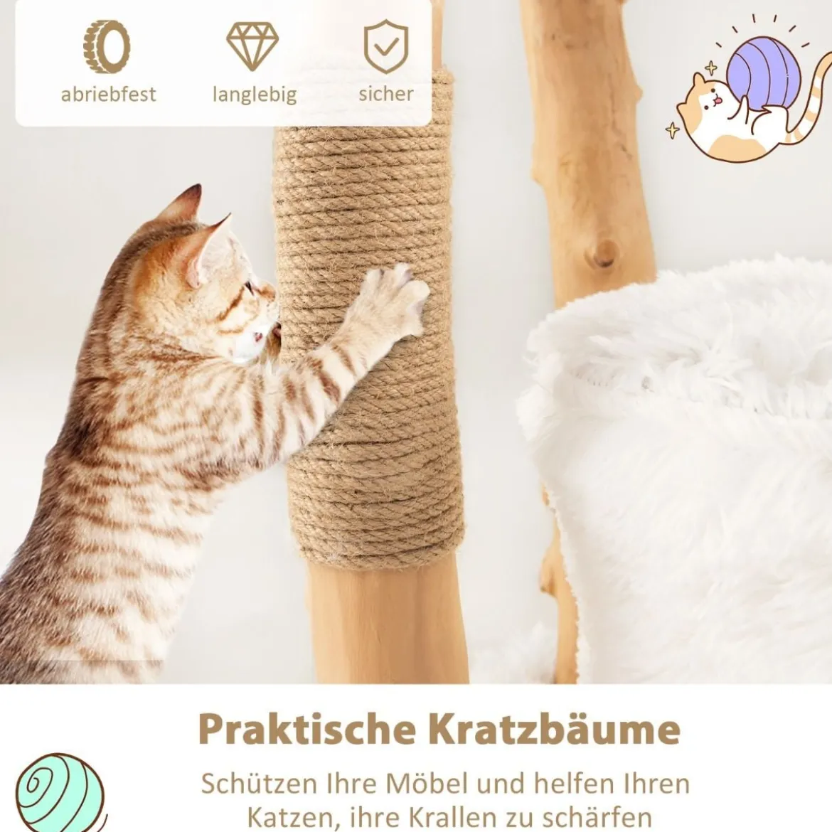124 cm Kratzbaum aus Holz mit Katzenhöhle & Plüschsitzfläche & Sitzplattform Kratzpfosten aus Jute