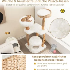 124 cm Kratzbaum aus Holz mit Katzenhöhle & Plüschsitzfläche & Sitzplattform Kratzpfosten aus Jute