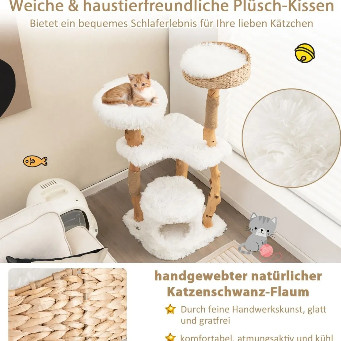 124 cm Kratzbaum aus Holz mit Katzenhöhle & Plüschsitzfläche & Sitzplattform Kratzpfosten aus Jute