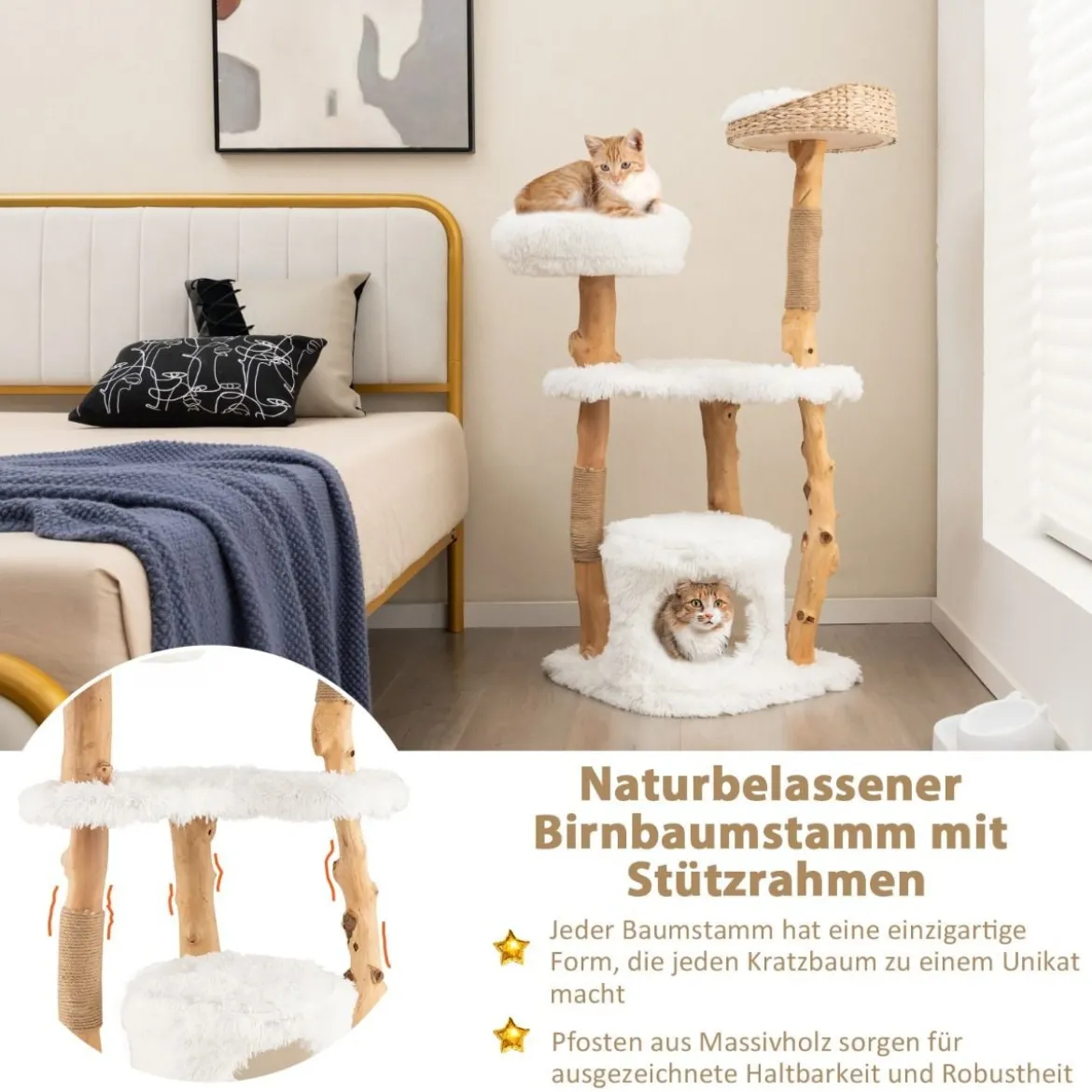 124 cm Kratzbaum aus Holz mit Katzenhöhle & Plüschsitzfläche & Sitzplattform Kratzpfosten aus Jute