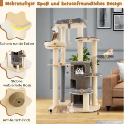 173 cm Kratzbaum aus Holz mit Katzenhöhle & Matten & Ball & Hängeseil Katzenbaum Grau