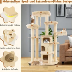 173 cm Kratzbaum aus Holz mit Katzenhöhle & Matten & Ball & Hängeseil Katzenbaum Beige