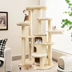 173 cm Kratzbaum aus Holz mit Katzenhöhle & Matten & Ball & Hängeseil Katzenbaum Beige