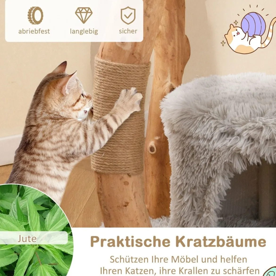 124 cm Kratzbaum aus Holz mit Katzenhöhle & Plüschsitzfläche & Sitzplattform Kratzpfosten aus Jute Grau