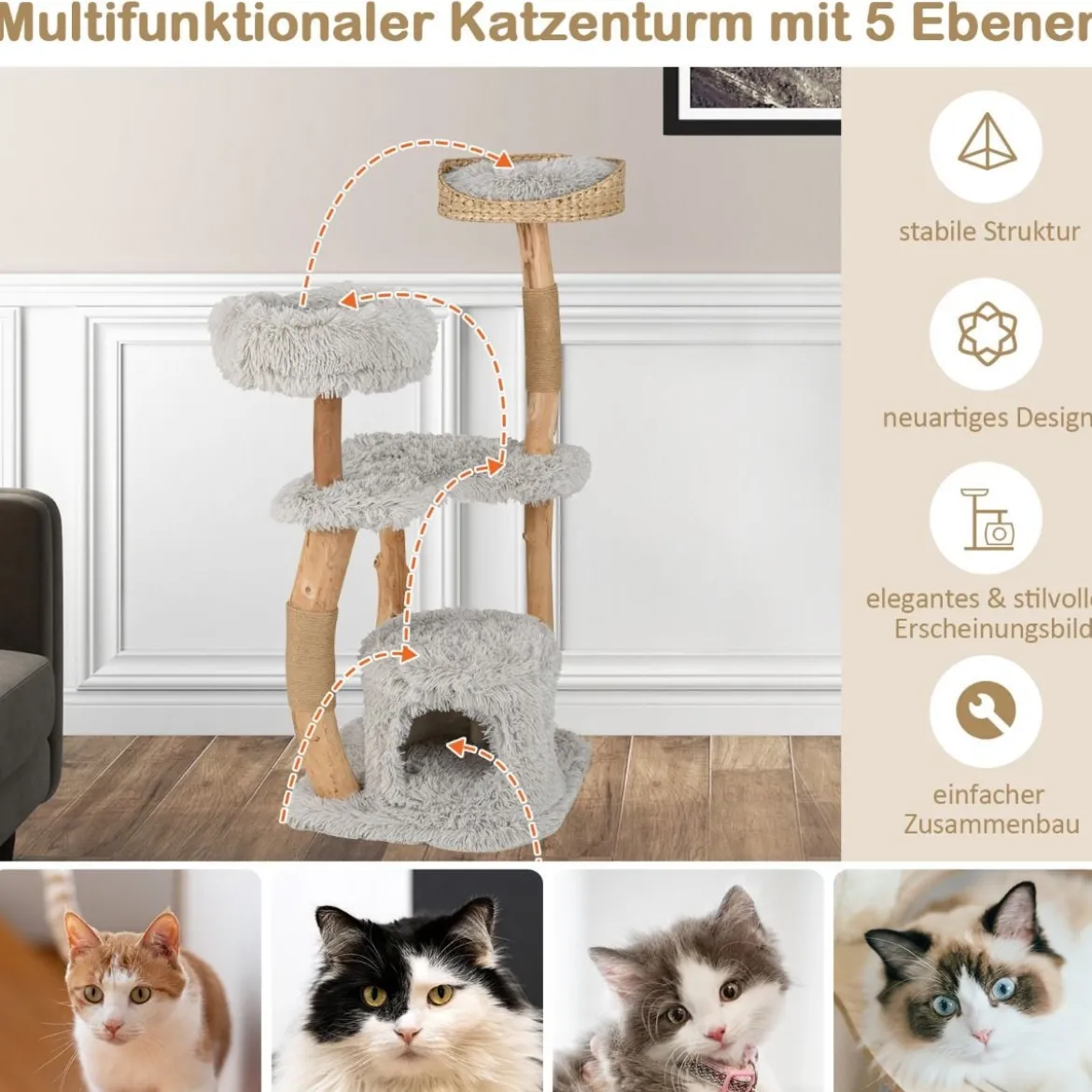124 cm Kratzbaum aus Holz mit Katzenhöhle & Plüschsitzfläche & Sitzplattform Kratzpfosten aus Jute Grau