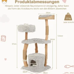 124 cm Kratzbaum aus Holz mit Katzenhöhle & Plüschsitzfläche & Sitzplattform Kratzpfosten aus Jute Grau