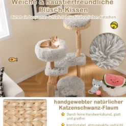 124 cm Kratzbaum aus Holz mit Katzenhöhle & Plüschsitzfläche & Sitzplattform Kratzpfosten aus Jute Grau