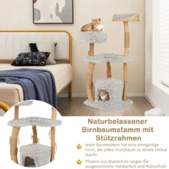 124 cm Kratzbaum aus Holz mit Katzenhöhle & Plüschsitzfläche & Sitzplattform Kratzpfosten aus Jute Grau