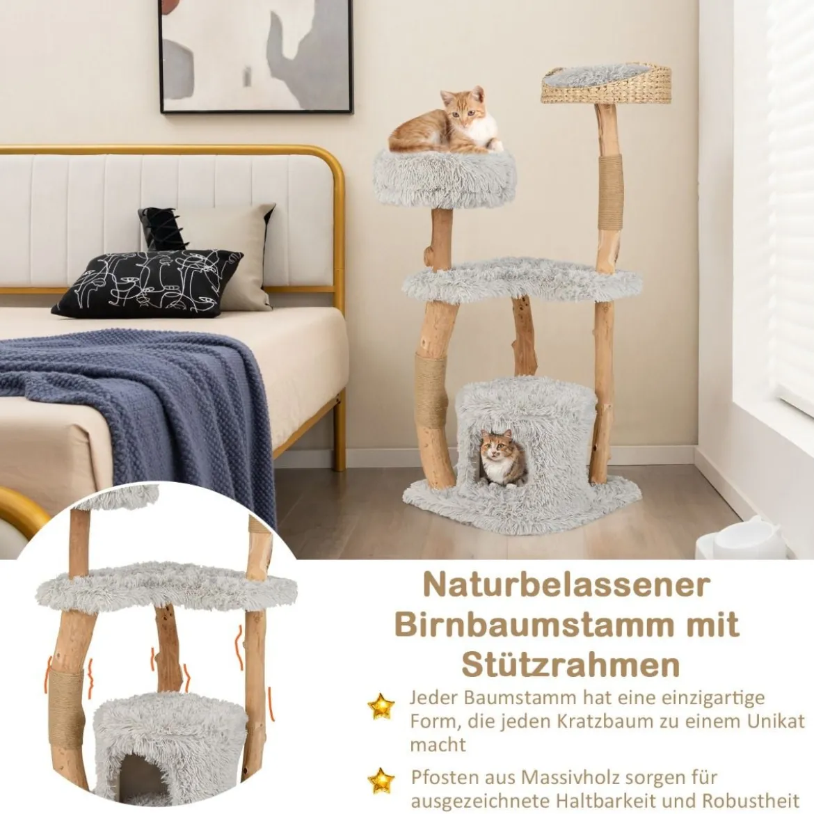 124 cm Kratzbaum aus Holz mit Katzenhöhle & Plüschsitzfläche & Sitzplattform Kratzpfosten aus Jute Grau