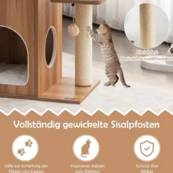132,5 cm Kratzbaum aus Holz mit 2-stöckiger Katzenhöhle & Hängematte & Federbällen Katzenbaum