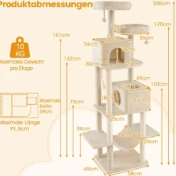 205cm Kratzbaum groß mehrstufiger Katzenbaum mit 2 Höhlen 2 Liegeflächen Sisal-Kratzpfosten Beige