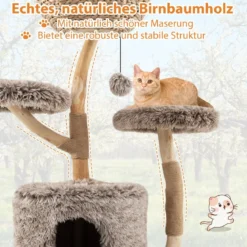 105cm Kratzbaum Holz Katzenbaum mit Katzenhöhle 2 Plüschsitzflächen Korb Kratzpfosten