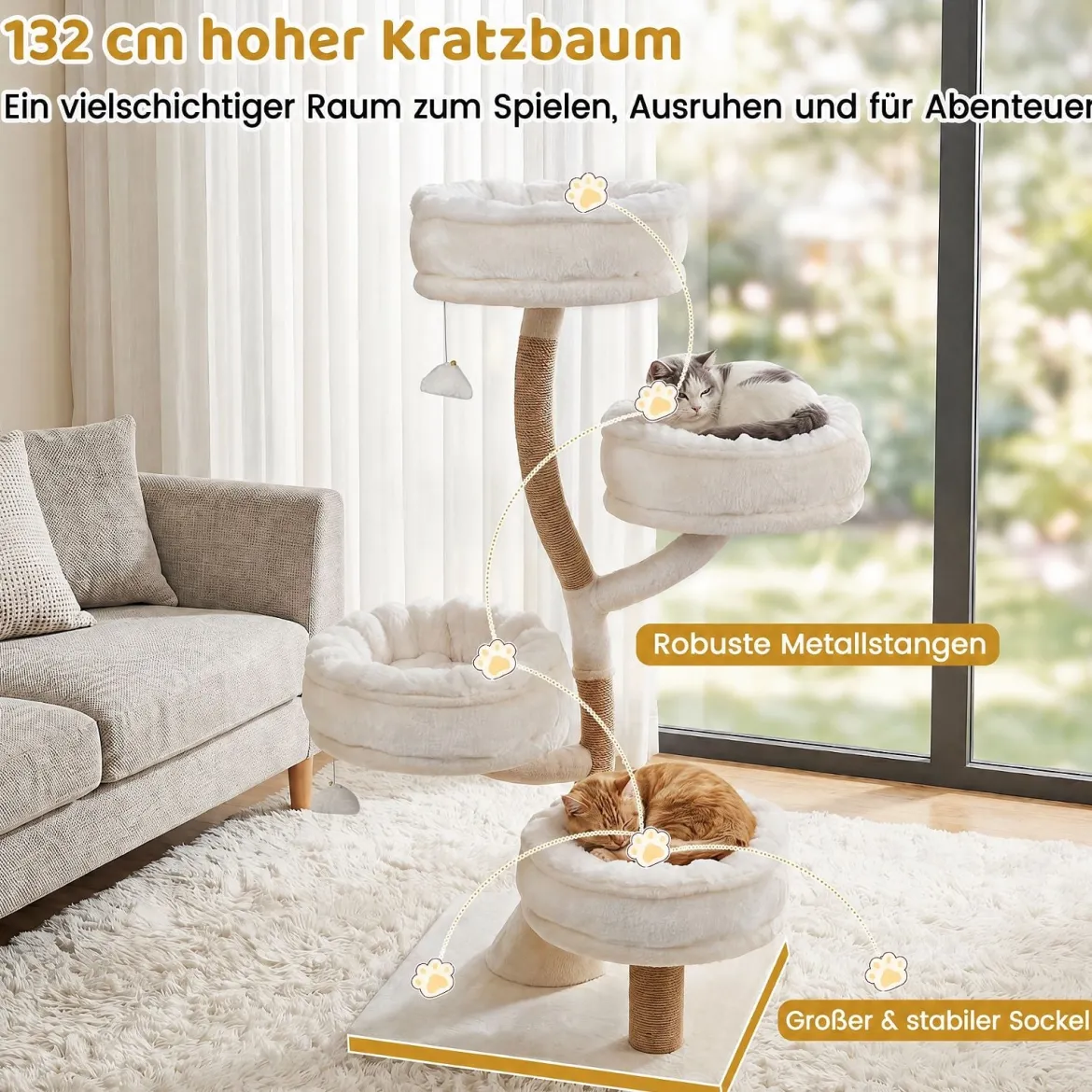 132 cm Kratzbaum Holz Kletterbaum mit 4 Liegeflächen Katzenkratzbaum für Katzen Beige