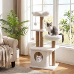 96 cm Kratzbaum mit Katzenhöhle & Plattform & Bett & 2 Bällen Katzenturm Katzenkratzbaum Beige