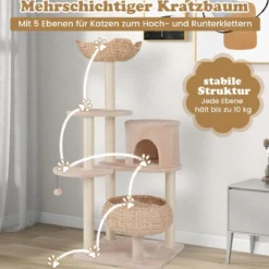 146 cm Kratzbaum mit Katzenhöhle & Sitzstange & Rohrkolben Katzenkorb Katzenbaum