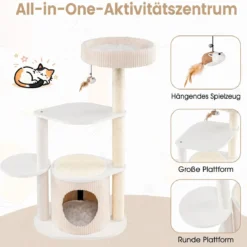 105 cm Kratzbaum mit Sisal Kratzstämmen Kleiner Katzenbaum mit Katzenhäuschen & Katzenbett Weiß