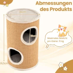 Ø 36 cm Kratztonne mit Sisal-Kratzbrett & 3 Katzenhöhlen & Plüschbett Katzentonne Beige