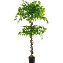 150 cm Kunstpflanze Ficus Benjamin mit Natürlichem Holzstamm & Blättern Künstliche Pflanze Grün