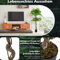 150 cm Kunstpflanze Ficus Benjamin mit Natürlichem Holzstamm & Blättern Künstliche Pflanze Grün