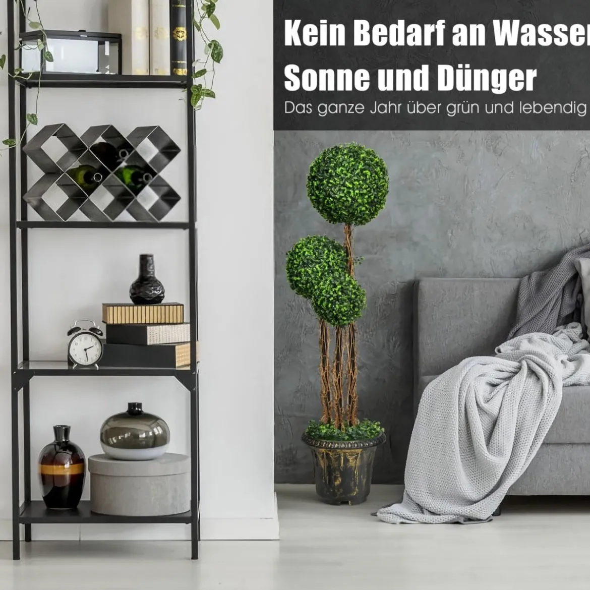 115 cm Kunstpflanze mit Topf & 3 Kugeln Kunstbaum Künstliche Dekopflanze Grünpflanzen