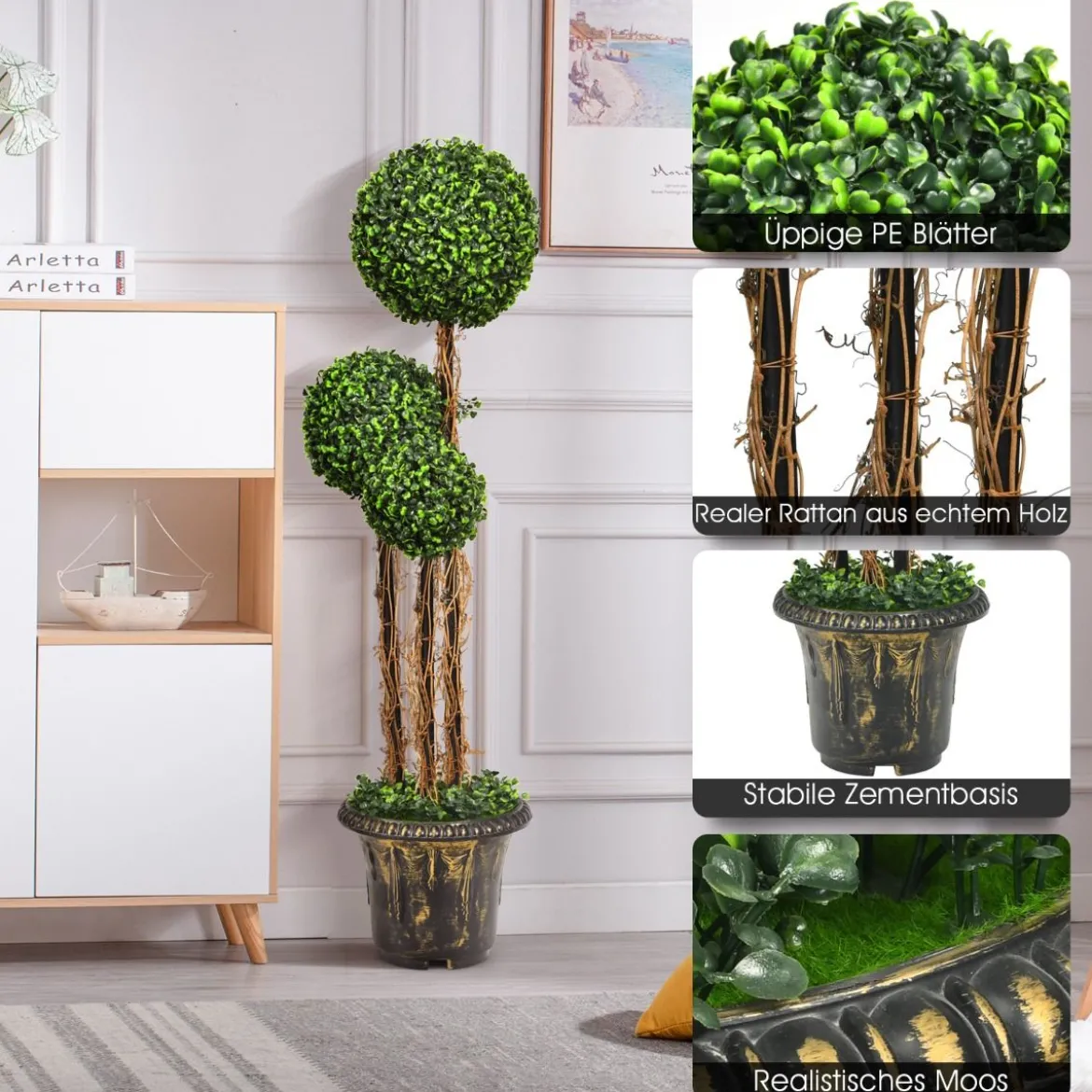 115 cm Kunstpflanze mit Topf & 3 Kugeln Kunstbaum Künstliche Dekopflanze Grünpflanzen