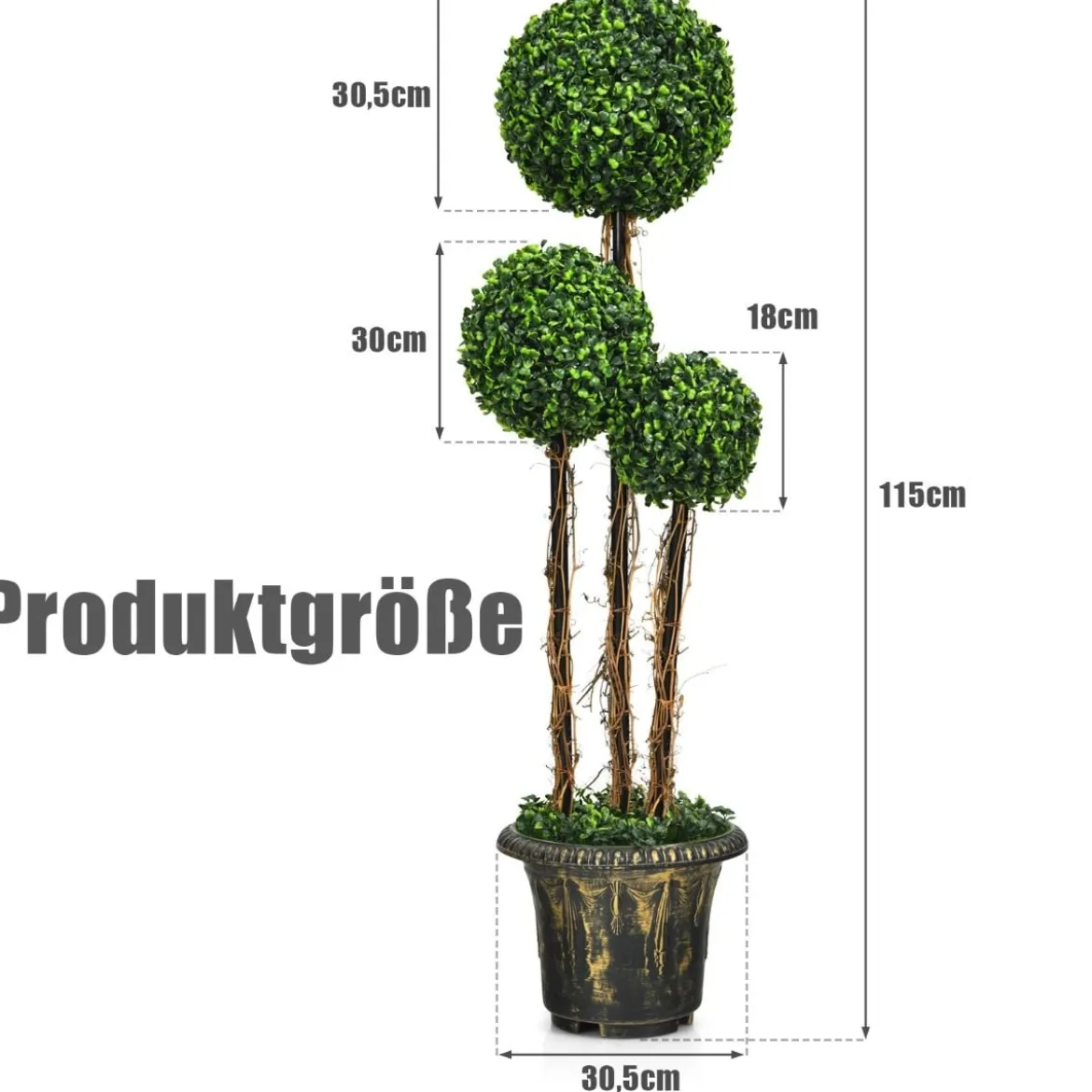 115 cm Kunstpflanze mit Topf & 3 Kugeln Kunstbaum Künstliche Dekopflanze Grünpflanzen