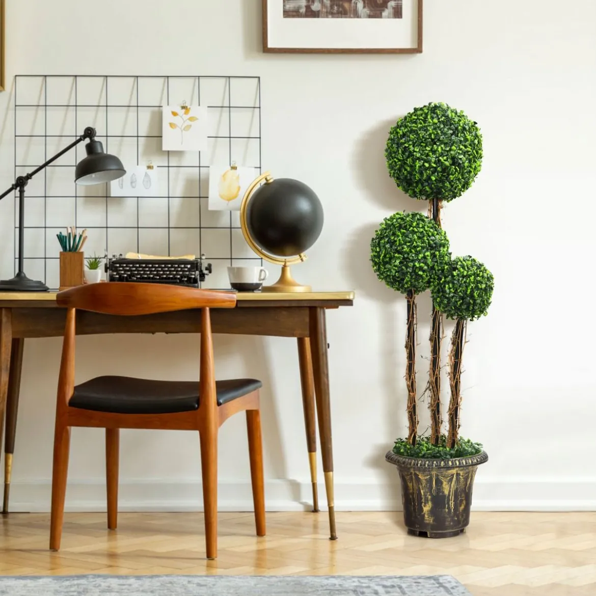 115 cm Kunstpflanze mit Topf & 3 Kugeln Kunstbaum Künstliche Dekopflanze Grünpflanzen