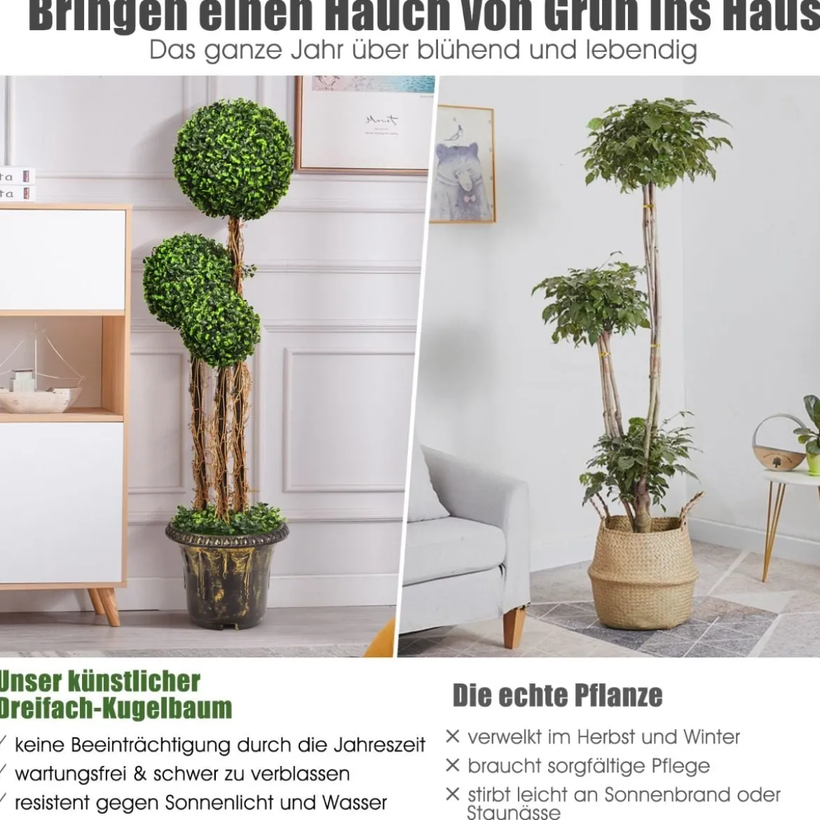 115 cm Kunstpflanze mit Topf & 3 Kugeln Kunstbaum Künstliche Dekopflanze Grünpflanzen