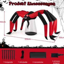 313 cm lange Halloween aufblasbare Spinne gruselige Spinnendekoration mit roten Tunnellicht-Augen & LED-Leuchte