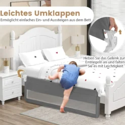 180 cm Lange Klappbares Bettgitter mit Sicherheitsgurten 180° Faltbar Grau
