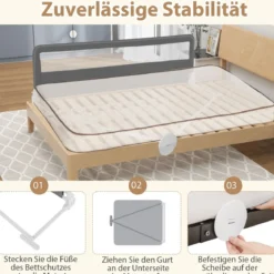 180 cm Lange Klappbares Bettgitter mit Sicherheitsgurten 180° Faltbar Grau