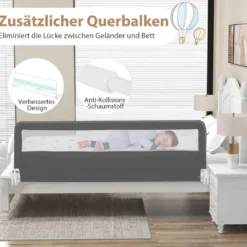 180 cm Lange Klappbares Bettgitter mit Sicherheitsgurten 180° Faltbar Grau