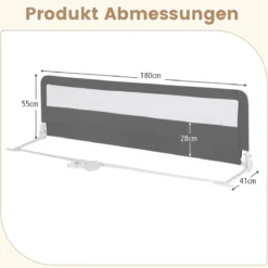 180 cm Lange Klappbares Bettgitter mit Sicherheitsgurten 180° Faltbar Grau